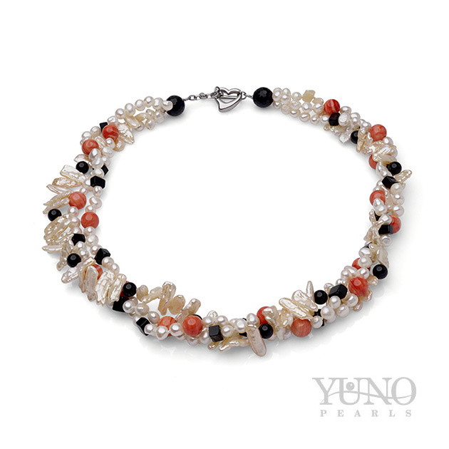 Колие с бели перли, корал и оникс, 50см - YUNO Pearls